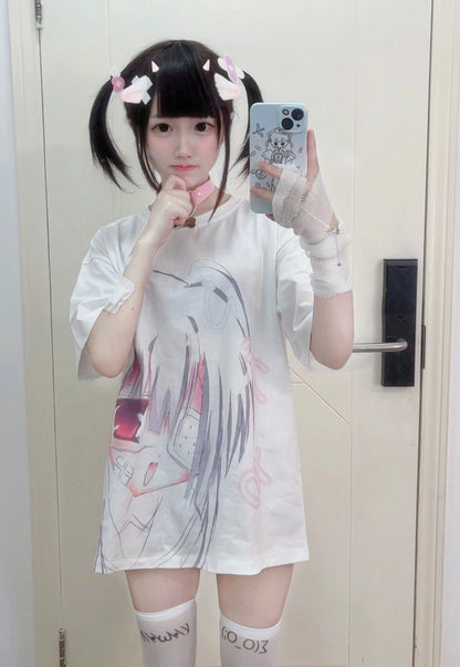 Jirai Kei Shirt Short Sleeve White shirt Anime Print Top 38000:579376