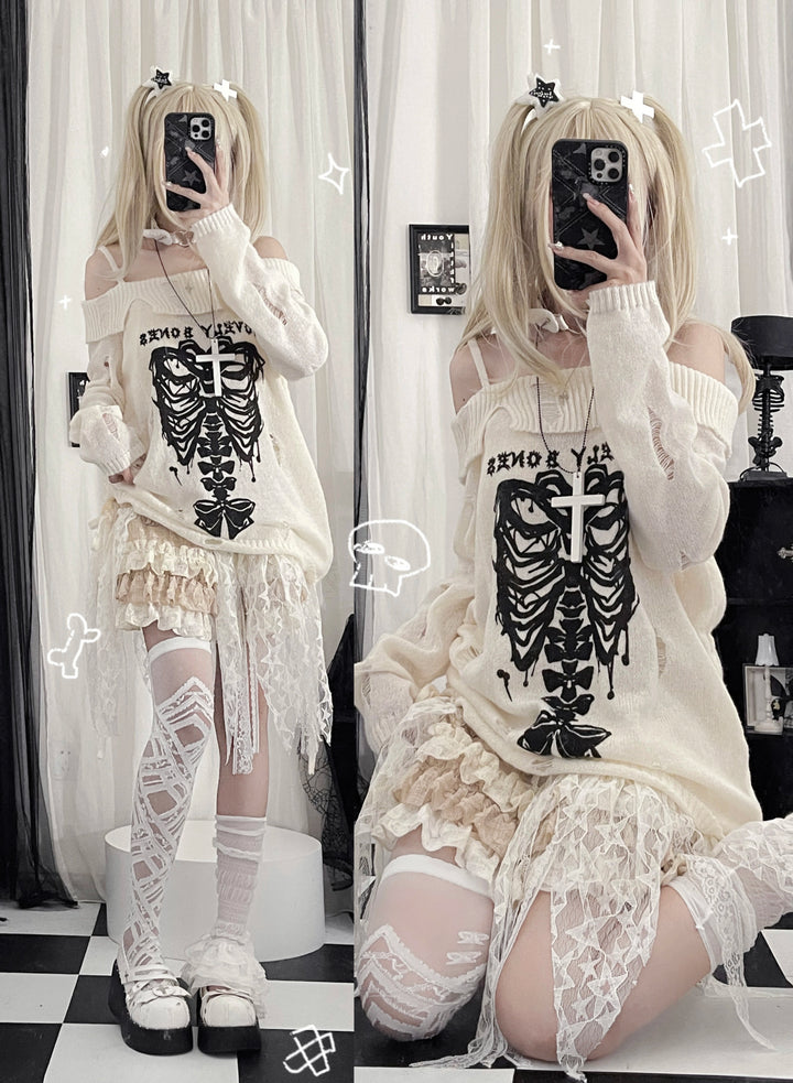 Y2K Sweater Butterfly Bone Off-Shoulder Top Subculture Shirt 38526:593180