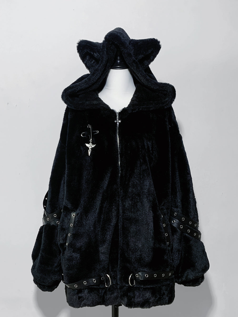 Subculture Oversized Plush Coat, Cat Ear Hood (Black) 43938:791932