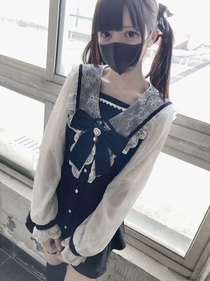 Black Jirai Kei Set Lace Sleeve Sailor Collar Dress Shorts 37650:567932