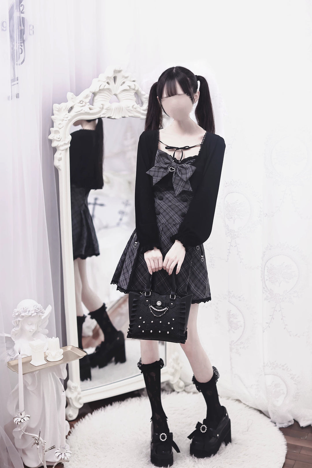 Jirai Kei Plaid Dress with Bolero, Pleated Hem 45934:869193