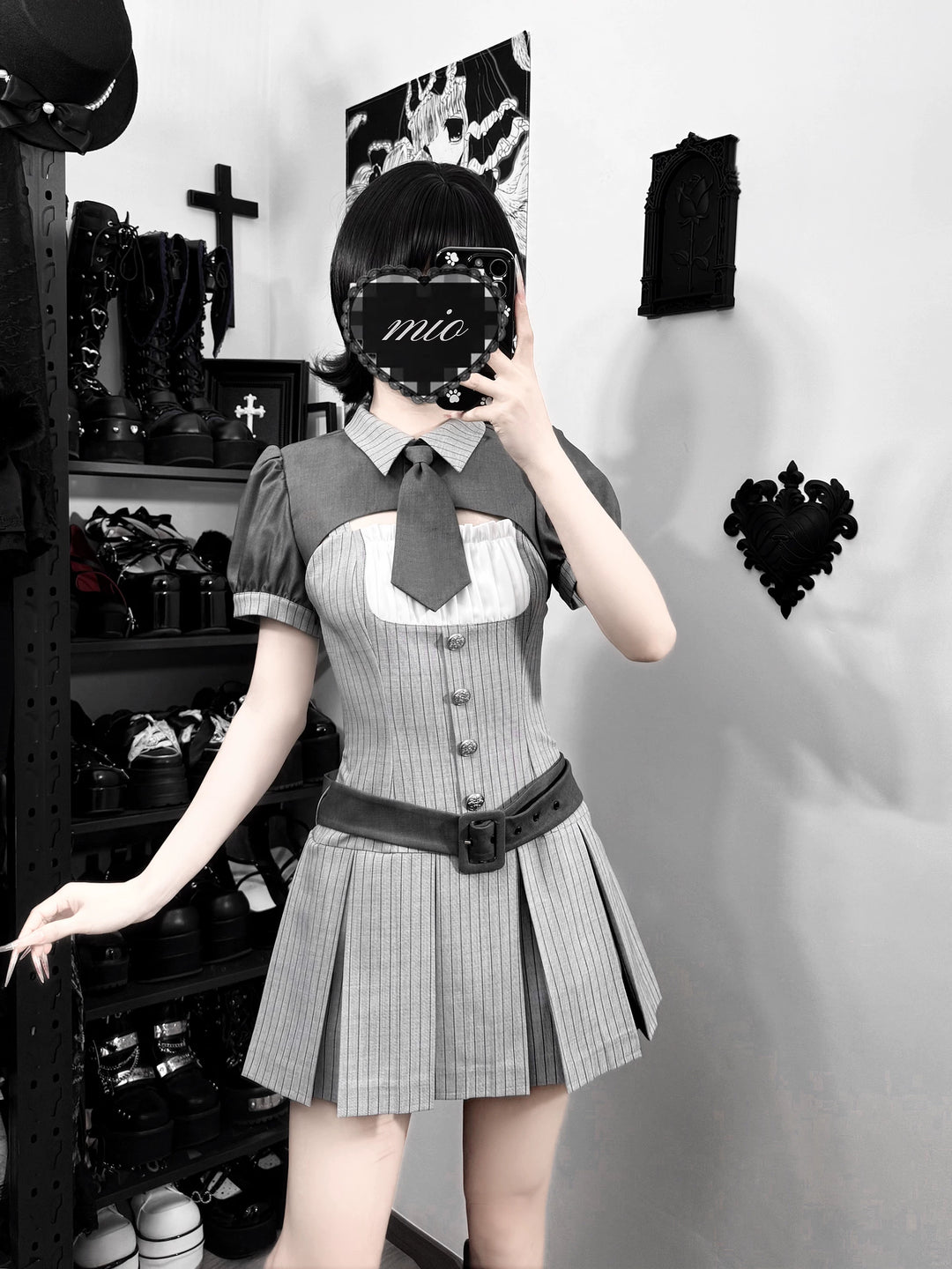 Jirai Kei Gray Striped Dress, Puff Sleeve Bolero 44808:829287