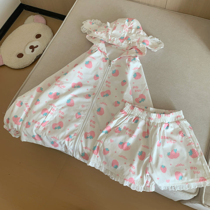 Kawaii Bunny Ears Jacket Set With Strawberry Bunny Prints (L M S) 42900:757219