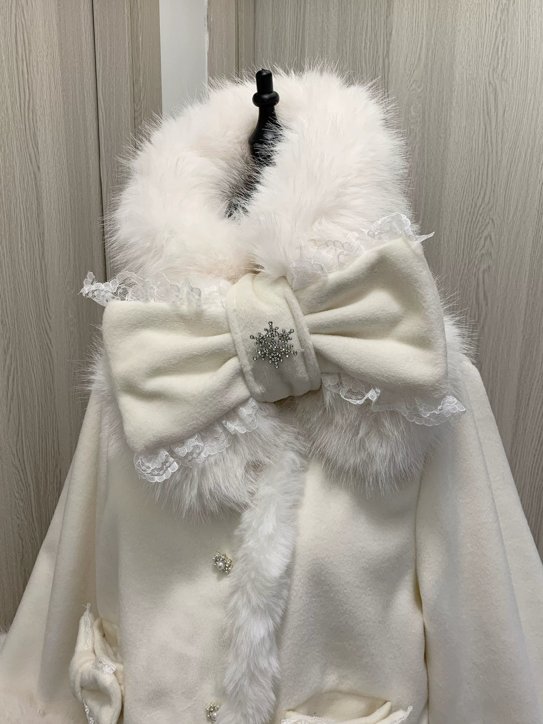 Jirai Kei Wool Coat Fur Collar Big Bow Knot Winter Coat 40572:674290