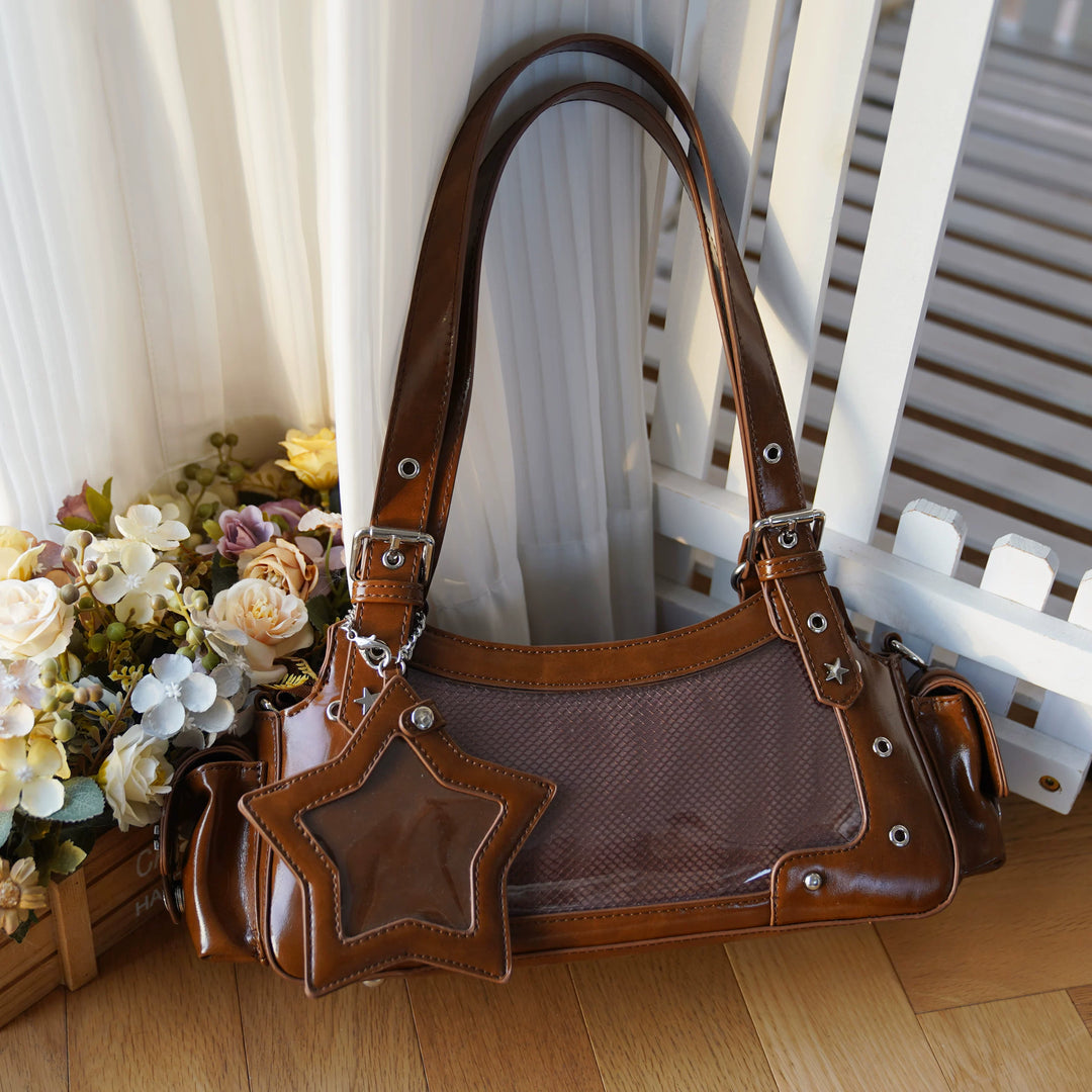 Punk Studded Ita Bag, Clear Window & Star Pouch (Brown) 45416:847444