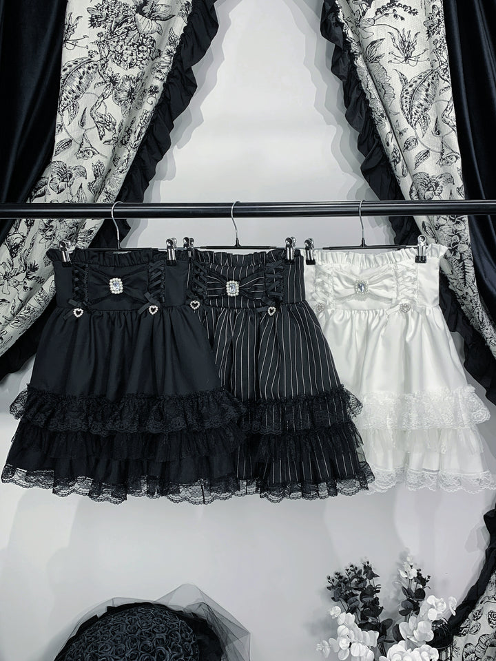 High-Waistband Jirai Kei Skirt, Tiered Lace Hem 44115:803717