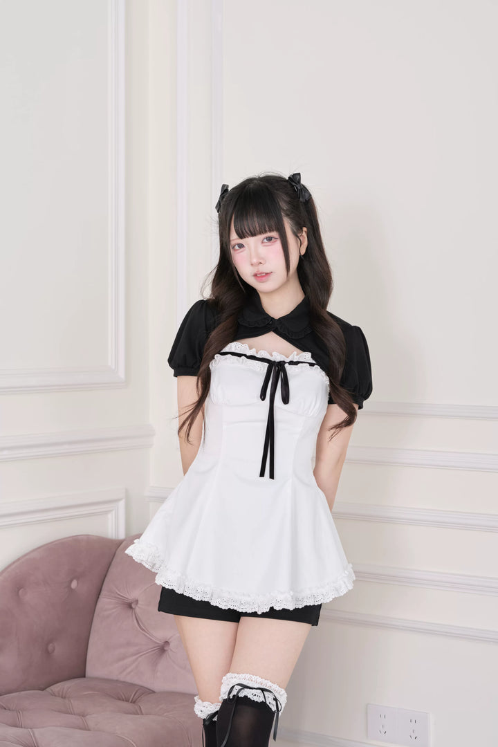 Jirai Kei Striped Dress Set, Puff Sleeve Bolero 44942:829815