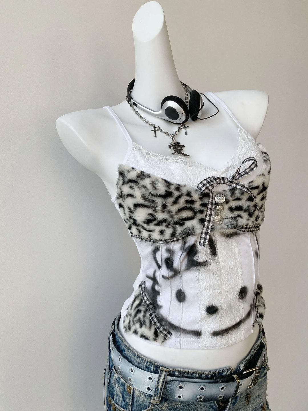 Y2K Leopard Cami Top, Kitten Print and Plaid Bow 45512:854714