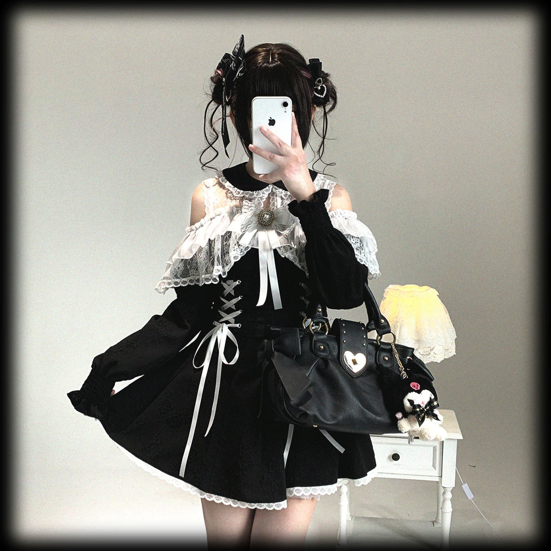 Jirai Kei Open-Shoulder Dress, Bust Lace Flounce Hem 44468:809952