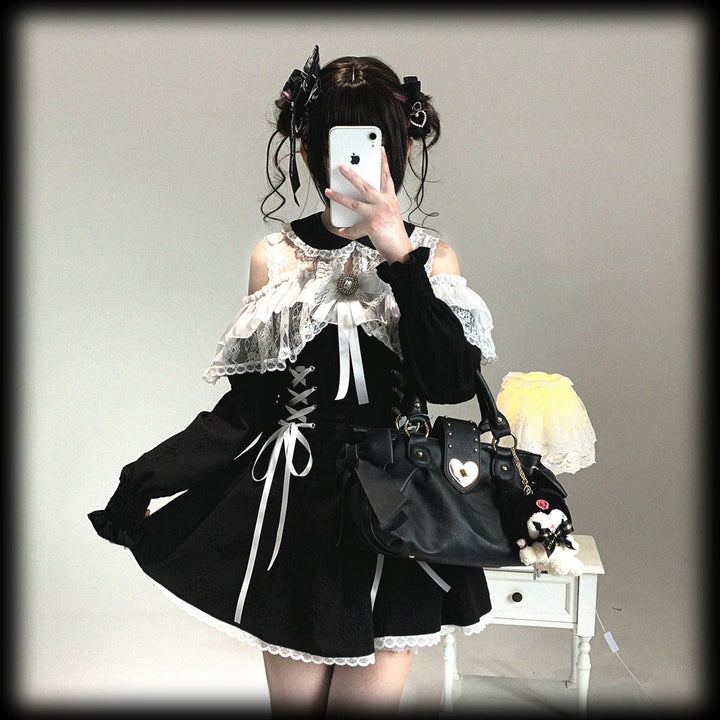 Jirai Kei Open-Shoulder Dress, Bust Lace Flounce Hem 44468:809952