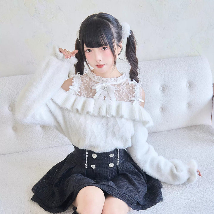 Jirai Kei Sweater Lace Frill Collar Knit Sweater With Bow 41680:710142