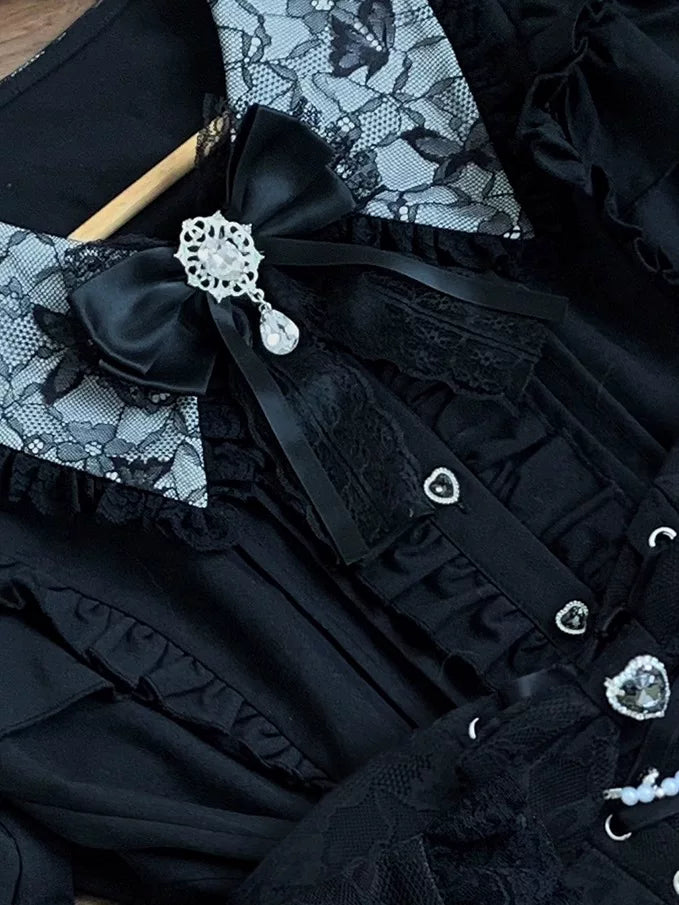 Jirai Kei Long Sleeve Blouse, Lace Open-Shoulder (M) / L M S XL) 44588:815050