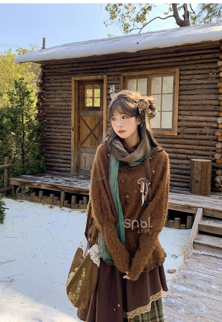 Mori Kei Stand-Collar Sweater, Irregular Plaid Skirt 44214:803845