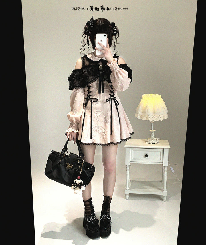 Jirai Kei Open-Shoulder Dress, Bust Lace Flounce Hem 44468:809912