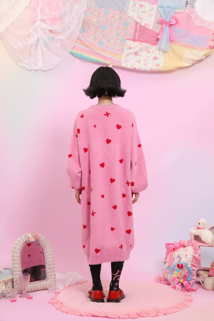 Kawaii Pink Sweater Dress Fluffy Dress With Heart Cat Patterns 31508:367792 31508:367792