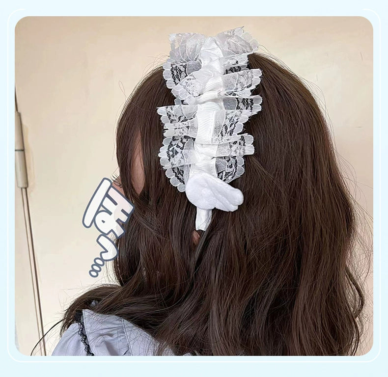 Jirai Kei White Black Angel Wings Lace Headband 21680:313380 21680:313380