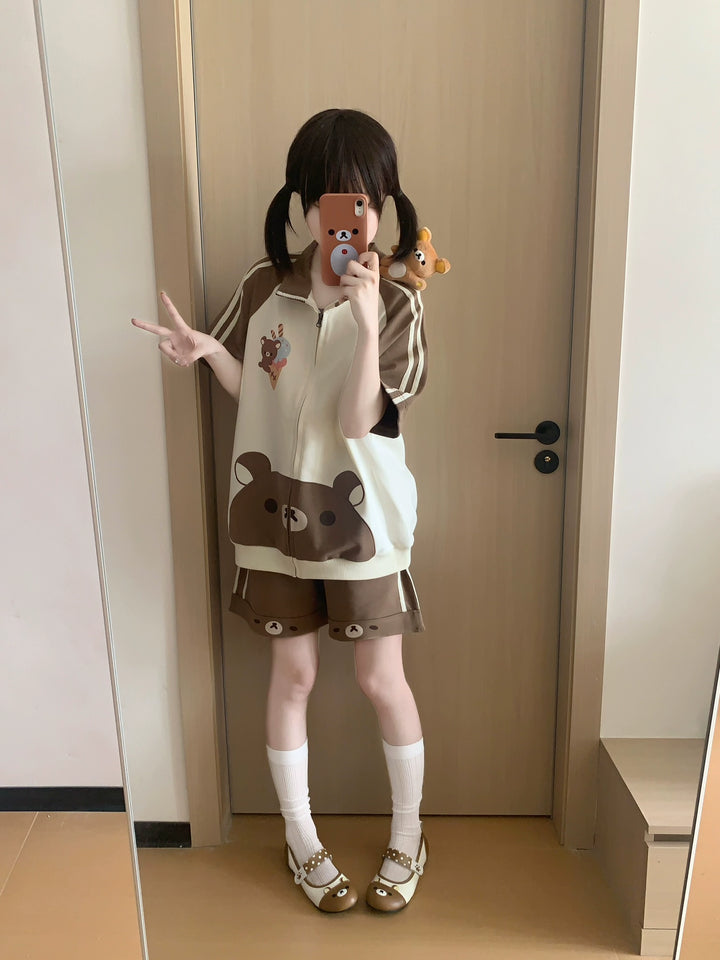 Summer Kawaii Outfit, Short Sleeve Zip-Up Sweatshirt 43557:779730