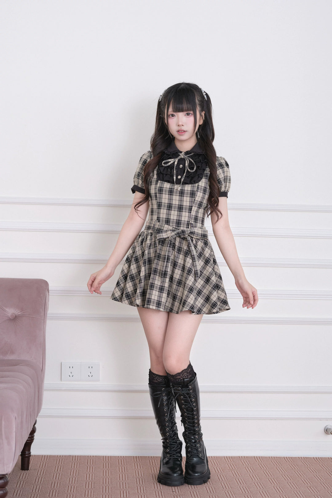 Summer Jirai Kei Plaid Dress, Layered Ruffle Chest 45197:839837