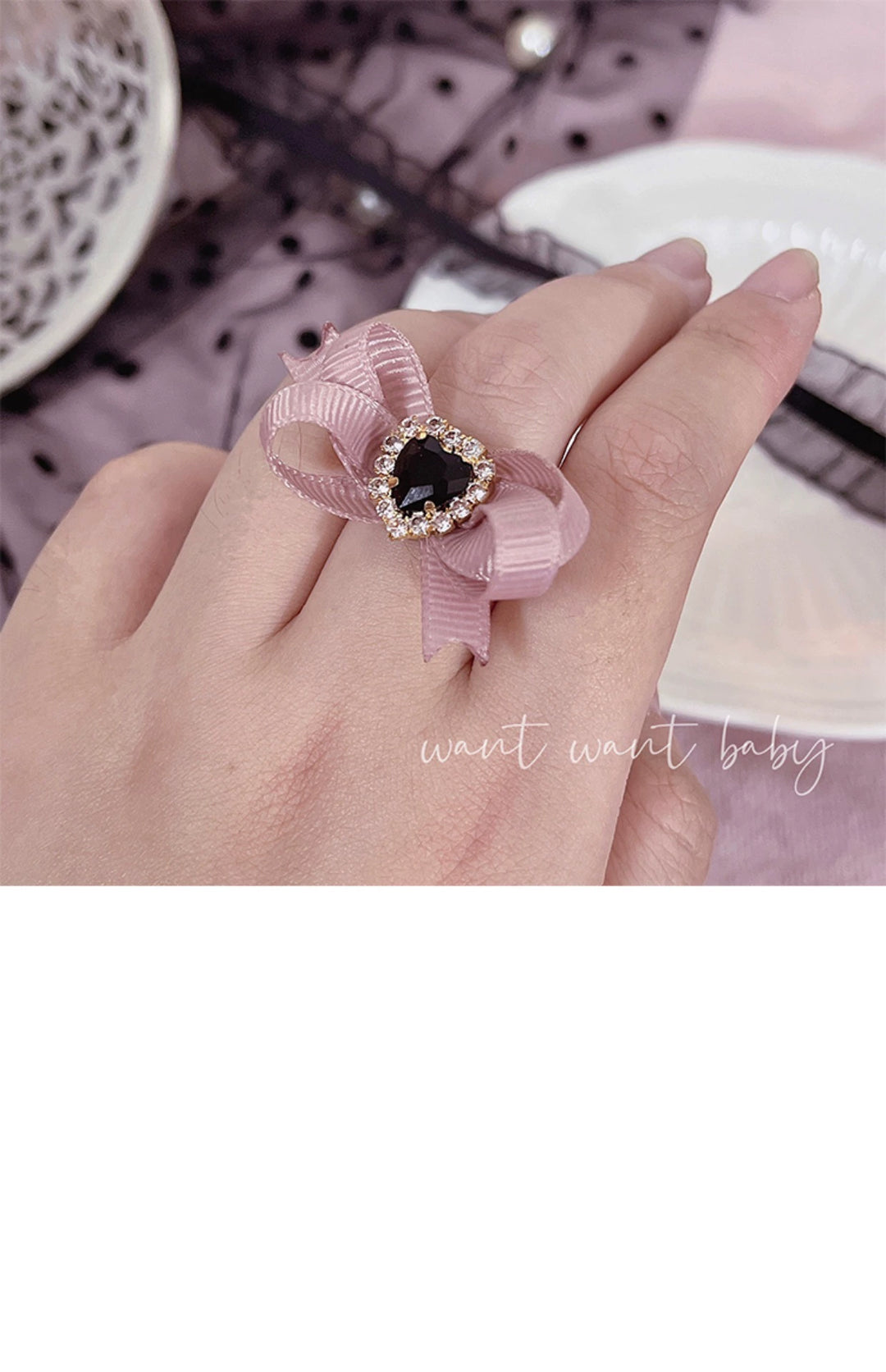 Jirai Kei Lolita Sweet Cool Heart Rhinestone Open Ring 21760:312892 21760:312892