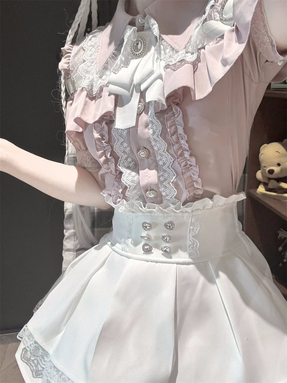 Jirai Kei High-Waist Skirt, Double Layered Lace Hem (2XL L M S XL) 45425:848583