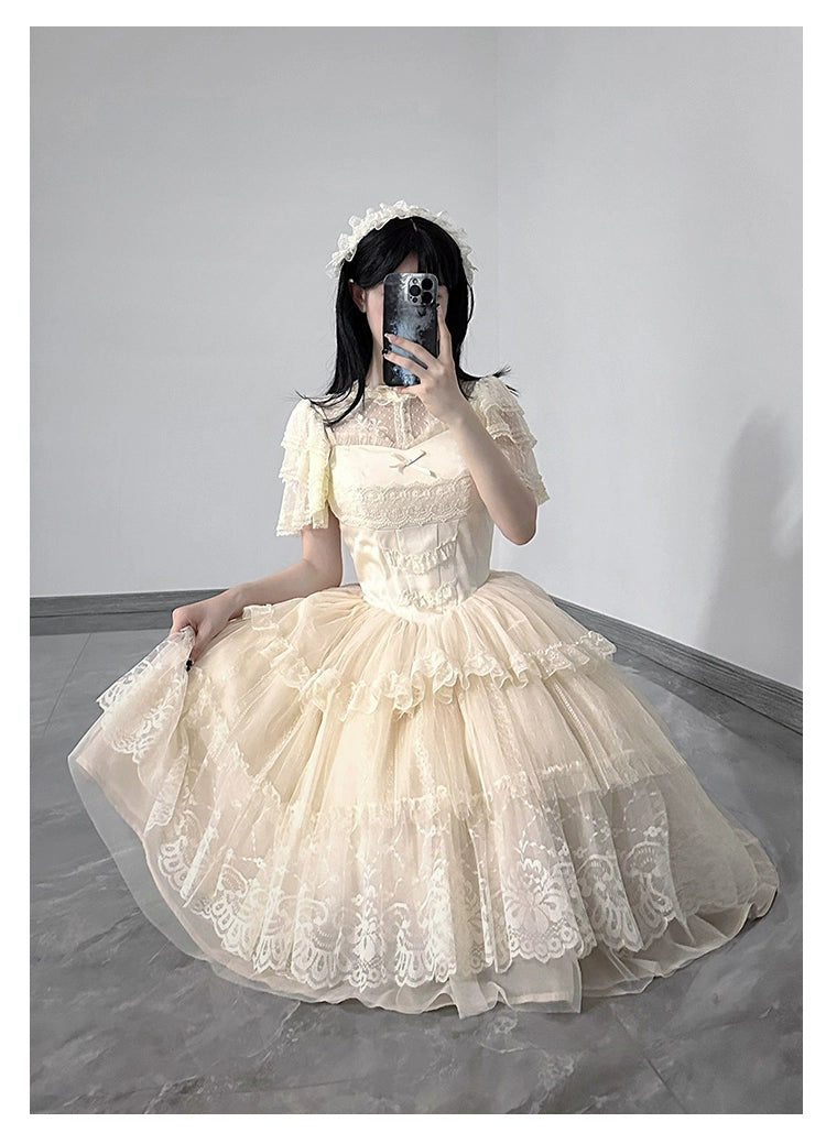 Classic Lolita Dress With Large Flounce Hem And Beige Puff Sleeves Shirt 38068:608704