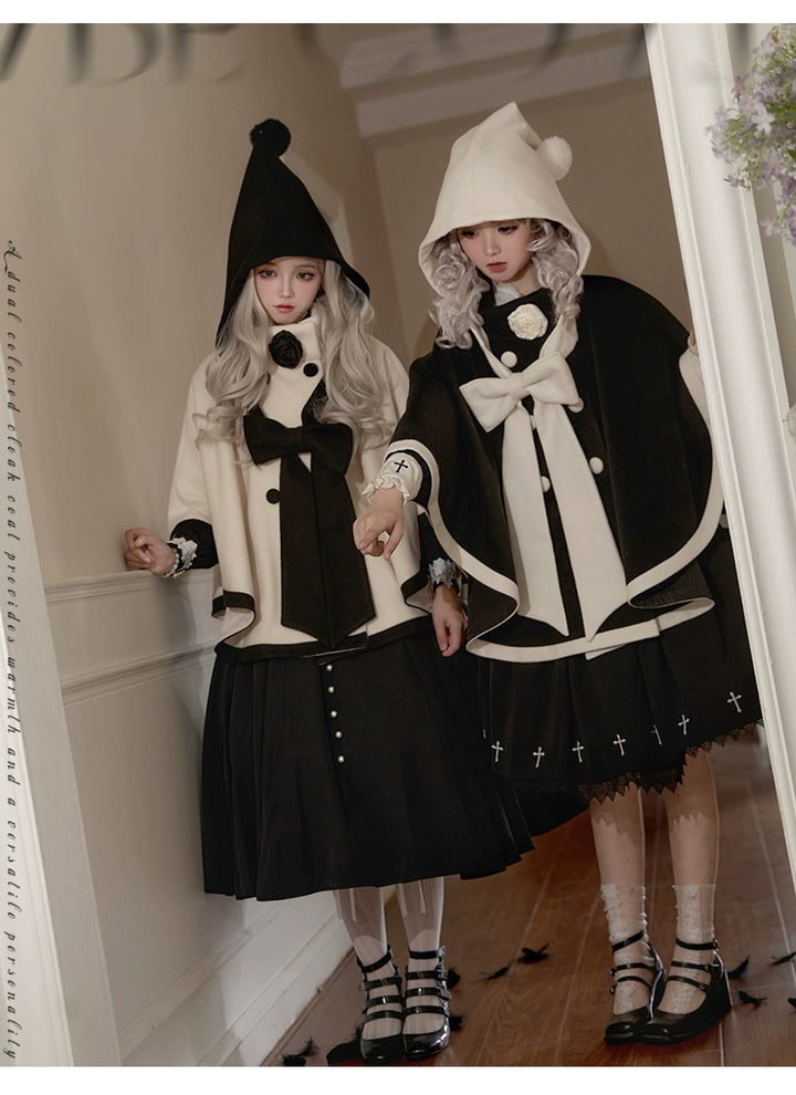 Elegant Lolita Winter Coat Black and White Camellia Cape 40284:658174