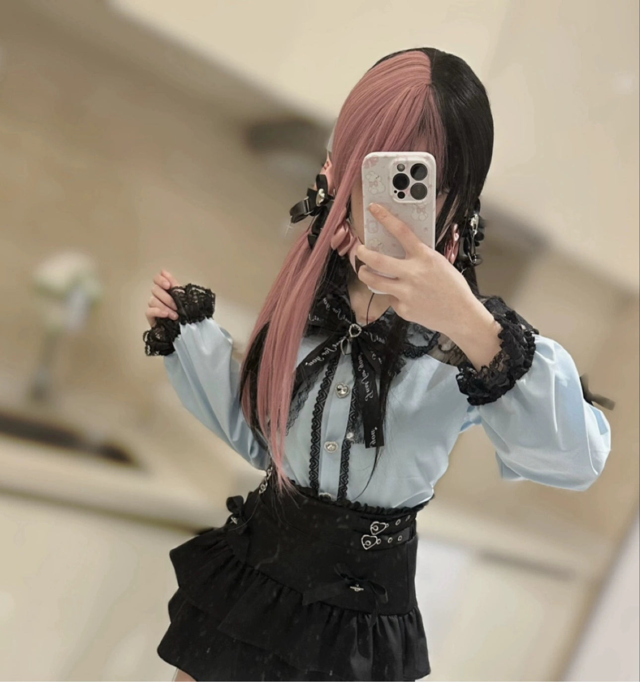 Jirai Kei Blouse Lace Sleeve Shirt And Skirt Set (L M S) 37858:571032