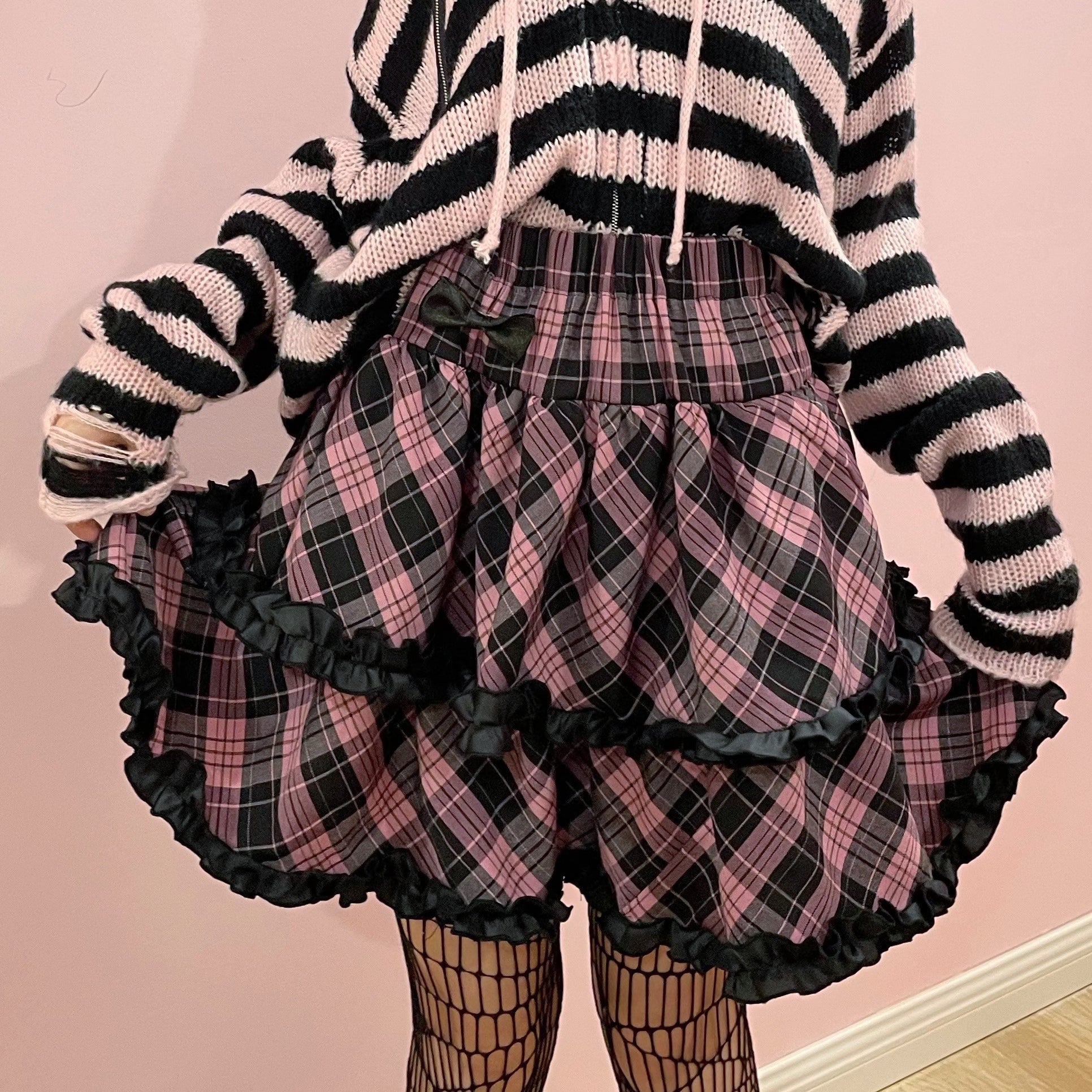 Punk Plaid Skirt Pink Blue Skirt Bow Layered Ruffle Skirt (L M) 33818:445920