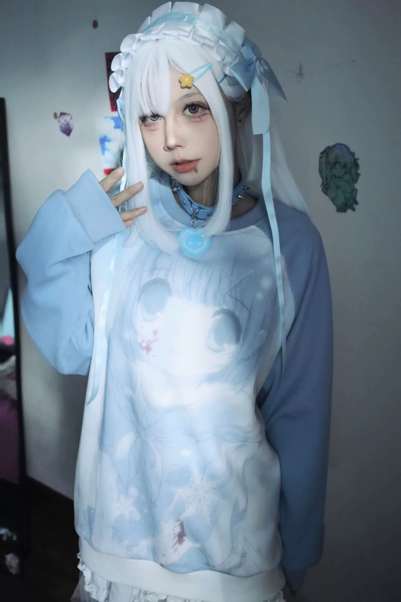 Jirai Kei Blue Sweatshirt Anime Girl Printed Sweatshirt 33326:430954