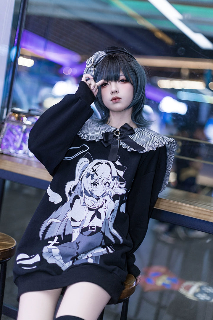 Jirai Kei Hoodie Black Cotton Hoodie Peter Pan Collar 34902:471340 34902:471340