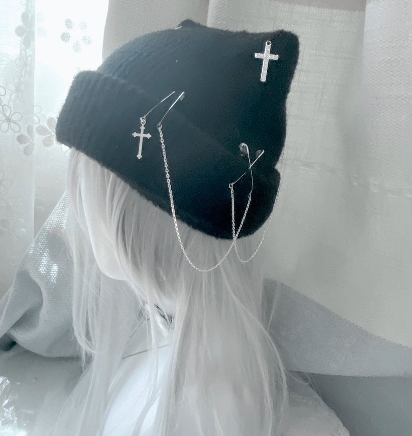 Jirai Kei Harajuku Fashion Cross Chain Knit Cat Ear Hat 21666:311354