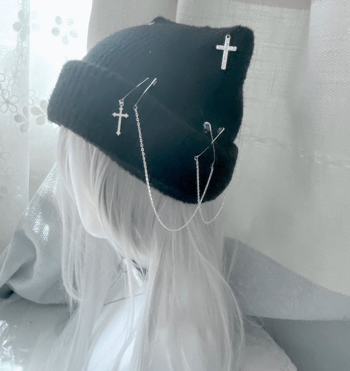 Jirai Kei Harajuku Fashion Cross Chain Knit Cat Ear Hat 21666:311354