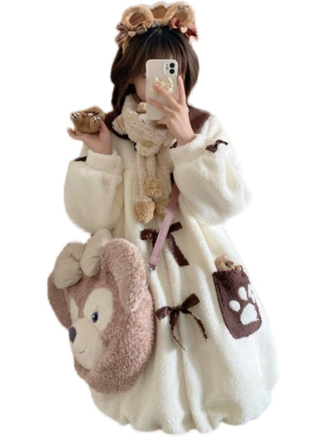 Kawaii White Fleece Coat With Flounce Hem 22774:354234 22774:354234