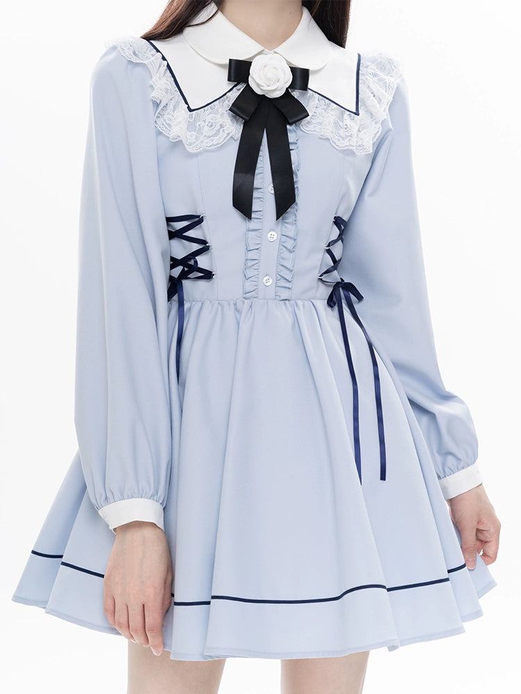 Kawaii French Style Light Blue Long Sleeve Ribbon Dress 21990:325094 21990:325094