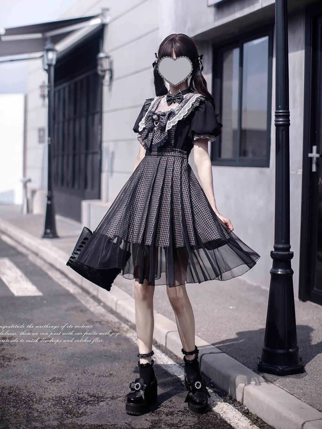 Plaid Jirai Kei Jumper Dress & Square Lace Chest Blouse 43400:775783