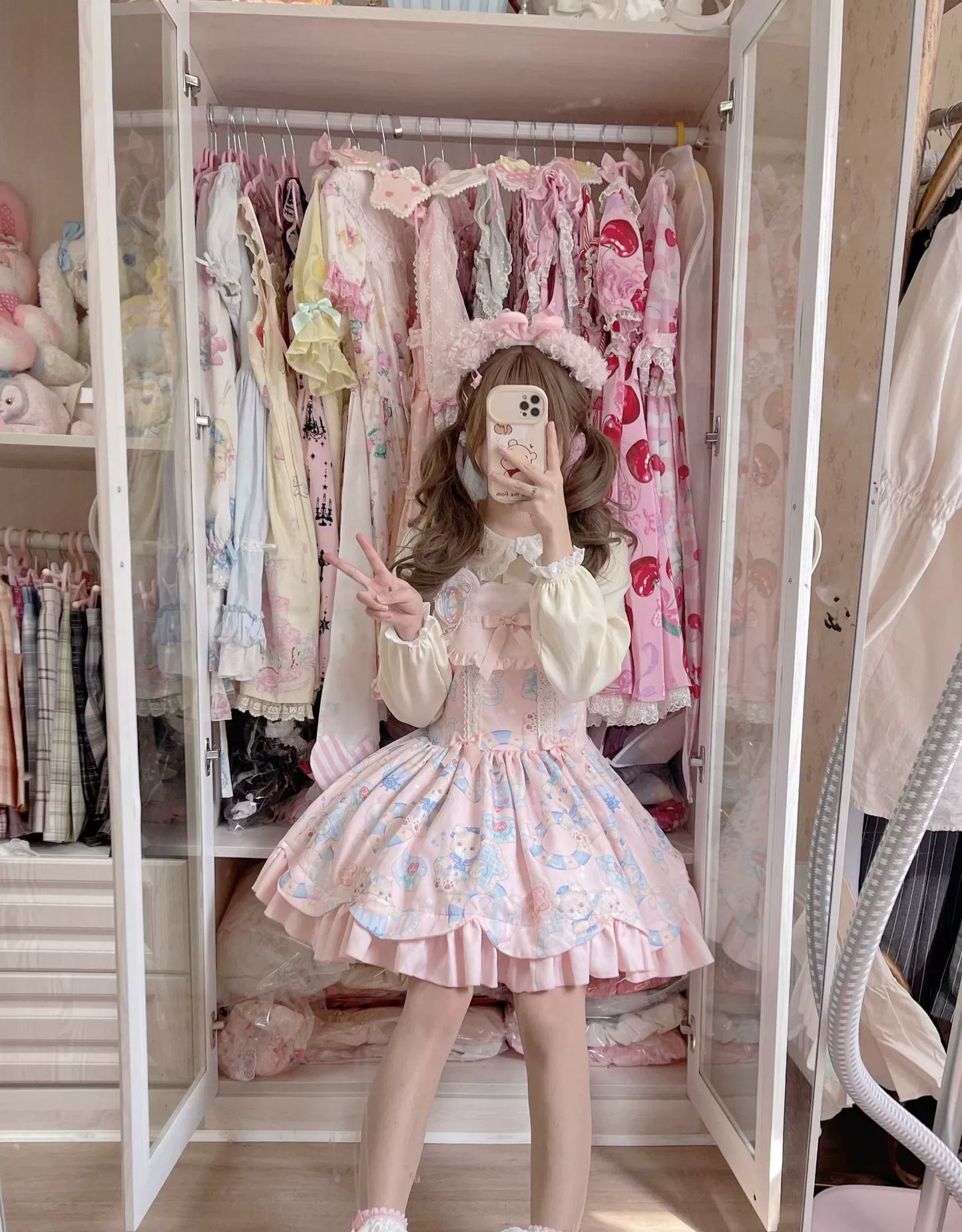 Sweet Lolita Dress Bear Print Jumper Dress Kawaii Salopette 37288:555354