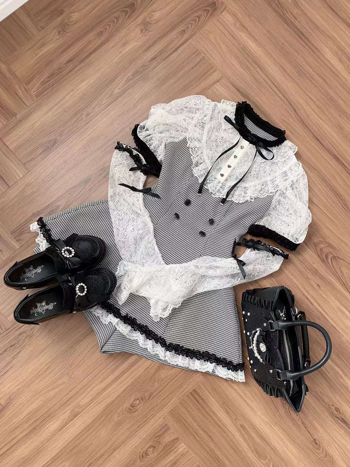 Jirai Kei Houndstooth Pattern Dress, Lace & Detachable Sleeves 44922:828285