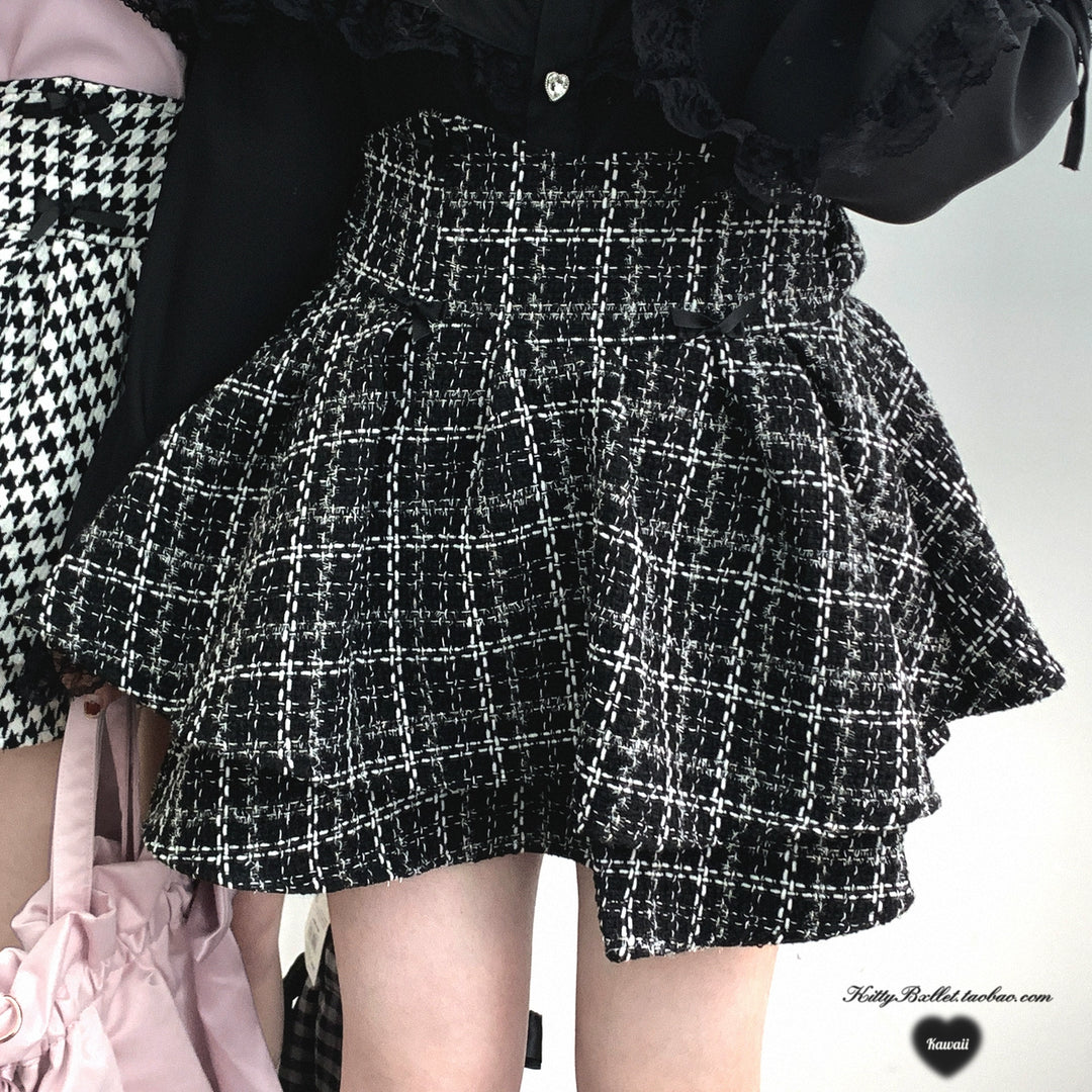 Jirai Kei Skirt Double-layer Skirt Black White Check Skirt 40018:651216