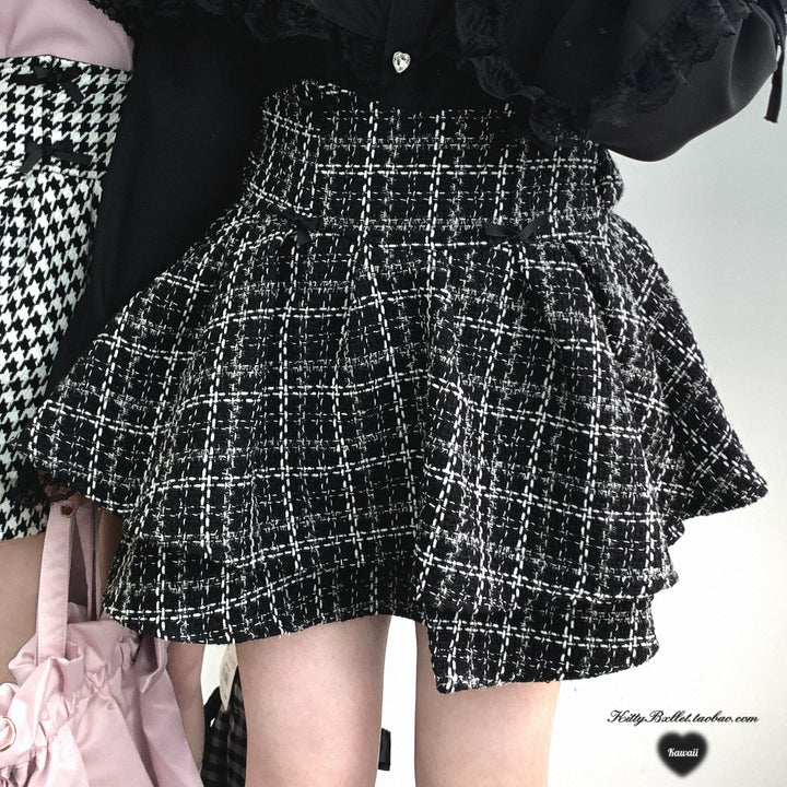 Jirai Kei Skirt Double-layer Skirt Black White Check Skirt 40018:651216