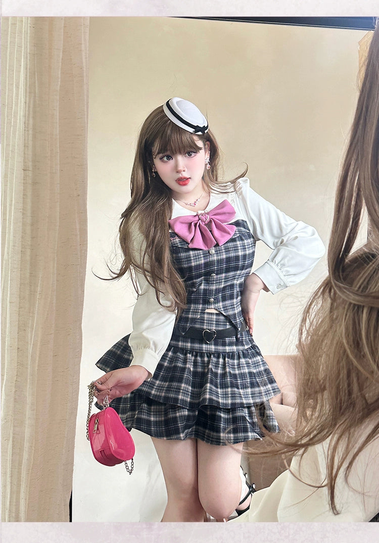 Plus Size Schoolgirl Plaid Outfit Waist-cinching Barbie-style 39398:627332