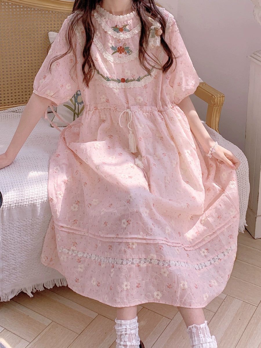 Mori Kei Dress Pink Floral Dress Short Sleeve Dress 36208:523628