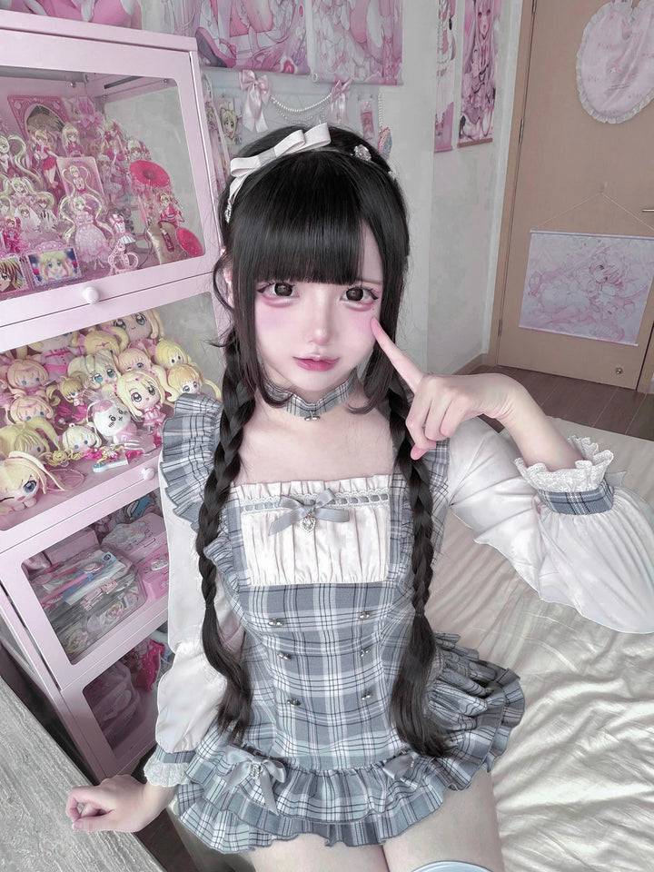 Ryousangata Pink Grey Plaid Dress Set with Choker 46077:874937