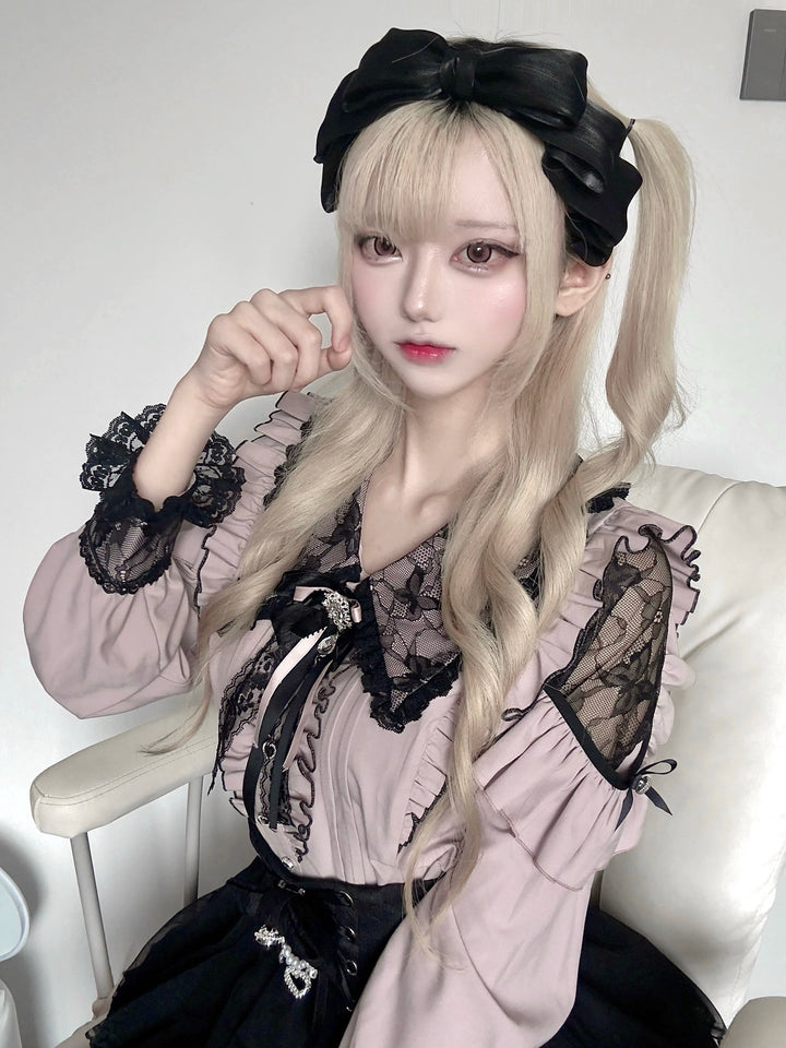 Jirai Kei Long Sleeve Blouse, Lace Overlay and Heart Buttons 44589:815163