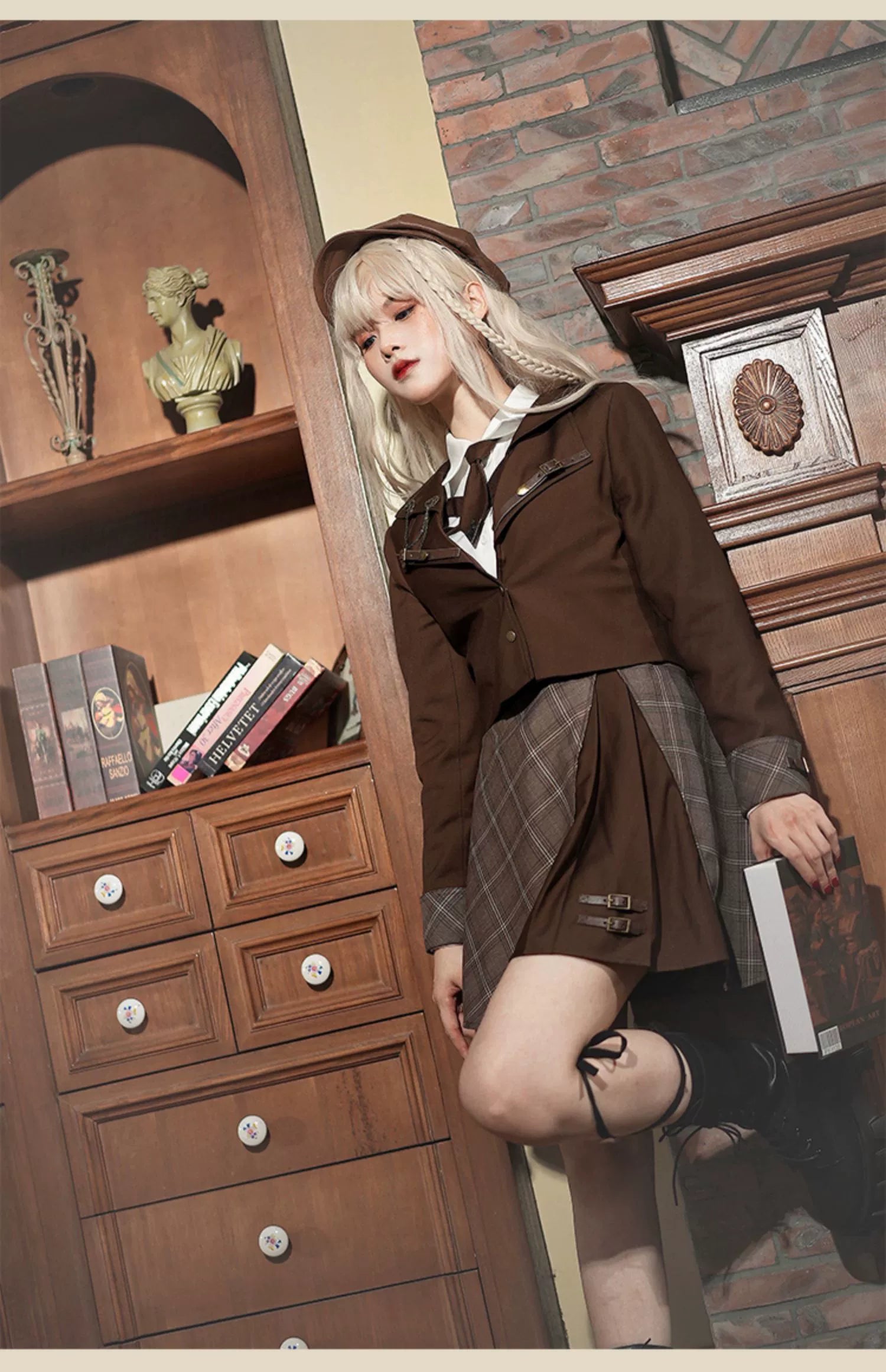 Preppy Style Brown Jacket Blouse Skirt Set 29528:350408