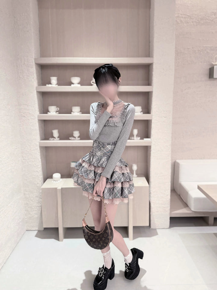 Seiso Kei Grey Pink Knit Sweater & High Waist Skirt Set 45990:871754