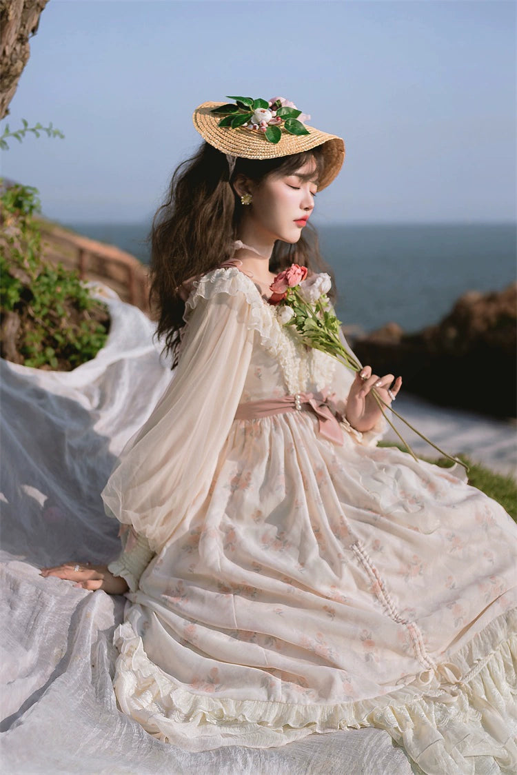 Elegant Lolita Dress Cottagecore Dress Long-Sleeved Beige Dress 36470:515850 36470:515850