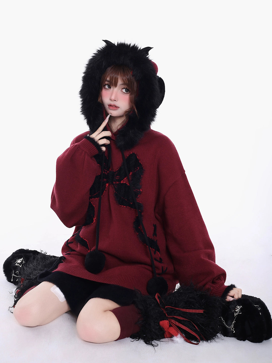 Yami Kawaii Sweater Bow Black Red Hoodie Detachable Collar 39556:639614