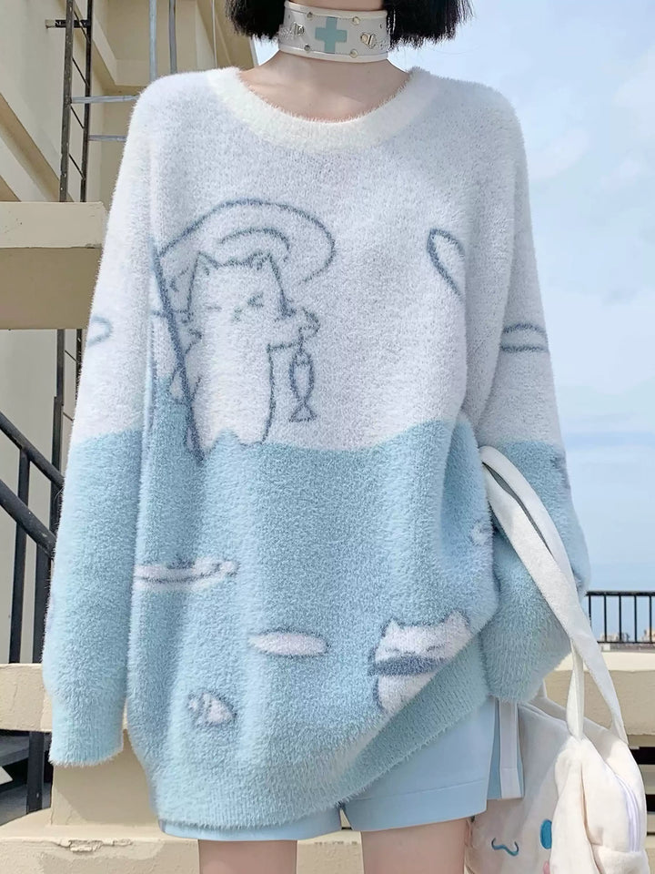 Tenshi Kaiwai Sweater Blue Sweatshirt Round Neck Top 41160:694104