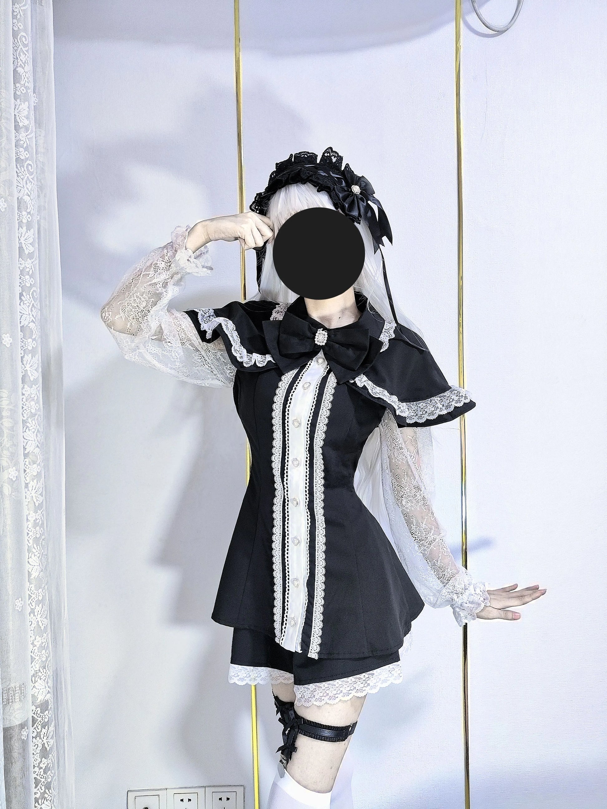 Jirai Kei Dress Set Lace Sleeve Black Cape Outfit Sets 37456:561408