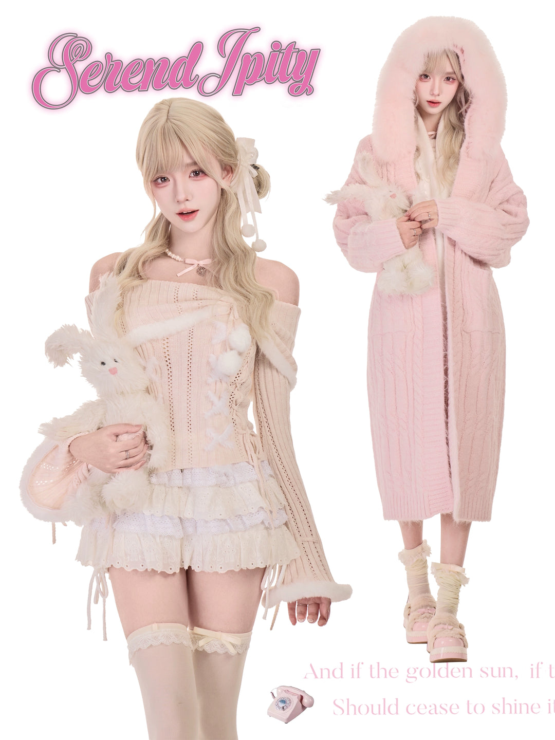Pink Long Hooded Coat, Off Shoulder Sweater Outfit 44081:794974